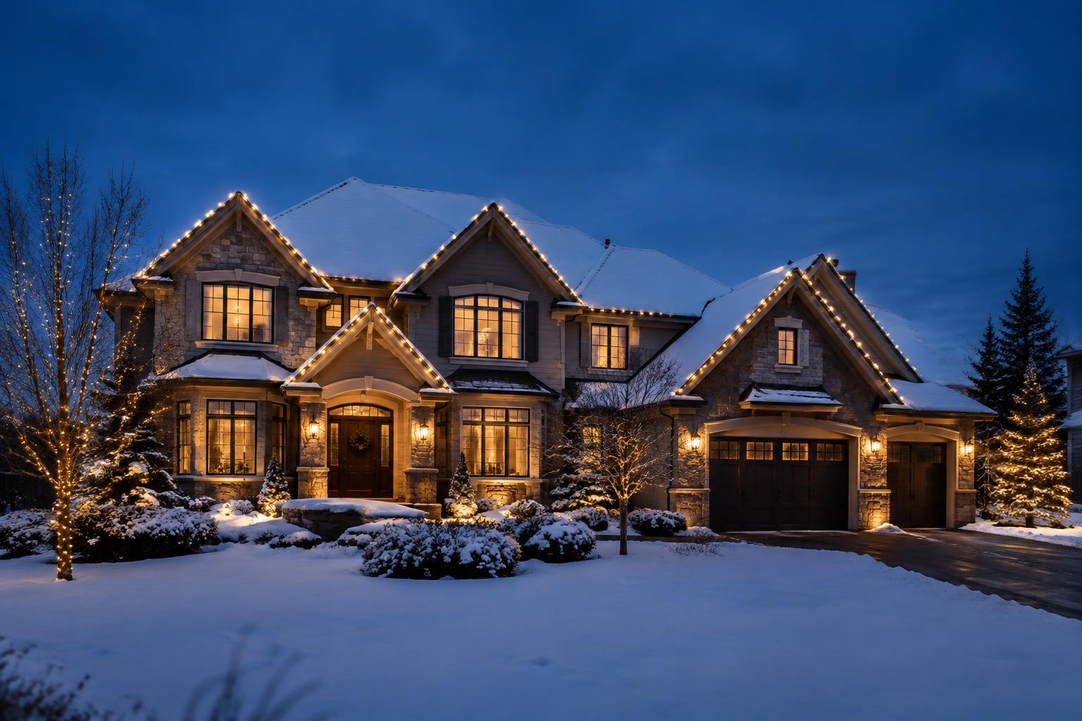 Illustrative image of a snow-covered home with warm white roofline lights at dusk